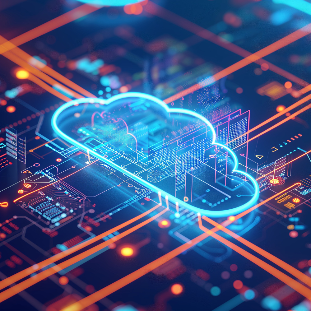 Mit KI generiertes Bild / Leuchtendes Cloud-Symbol über einer digitalen Netzwerk- und Dateninfrastruktur.