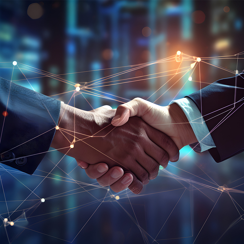 Mit KI generiertes Bild / Zwei Personen schütteln sich die Hand vor einem digitalen Netzwerkhintergrund.