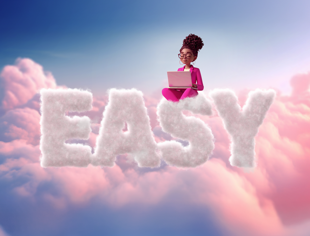 Dieses Bild ist mit KI generiert/ Eine Frau sitzt auf vier Buchstabena aus Wolken, die EASY ergeben